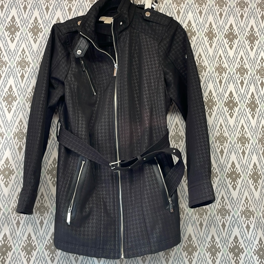 NEW Michael Kors Black Belted Soft Shell Houndstooth Zip Trench Jacket Coat NWT